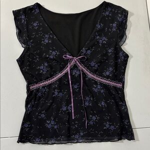 ROMWE Goth Floral Print Lace‎ Ribbon Tie Front Black Mesh Fairy Grunge Size M